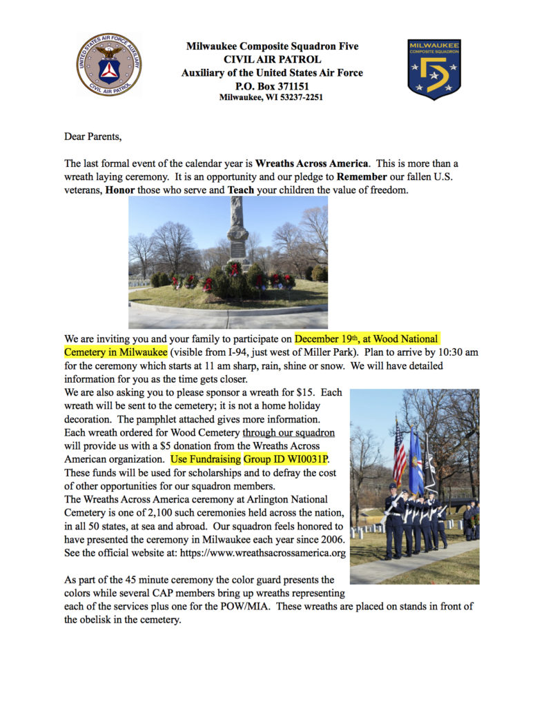 Wreaths Across America 2020 Milwaukee Squadron 5 Civil Air Patrol