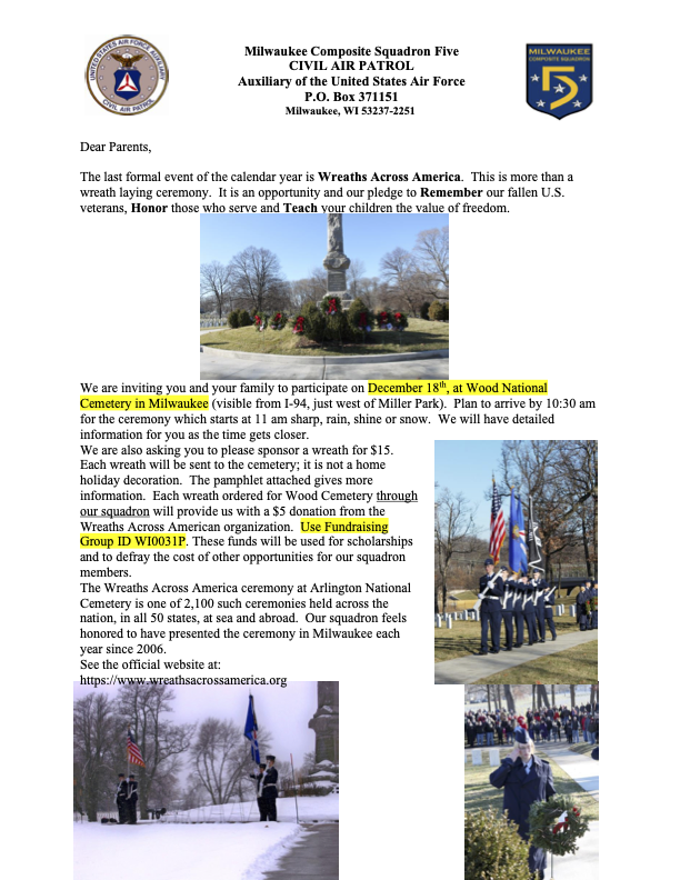 Wreaths Across America 2021 Milwaukee Squadron 5 Civil Air Patrol